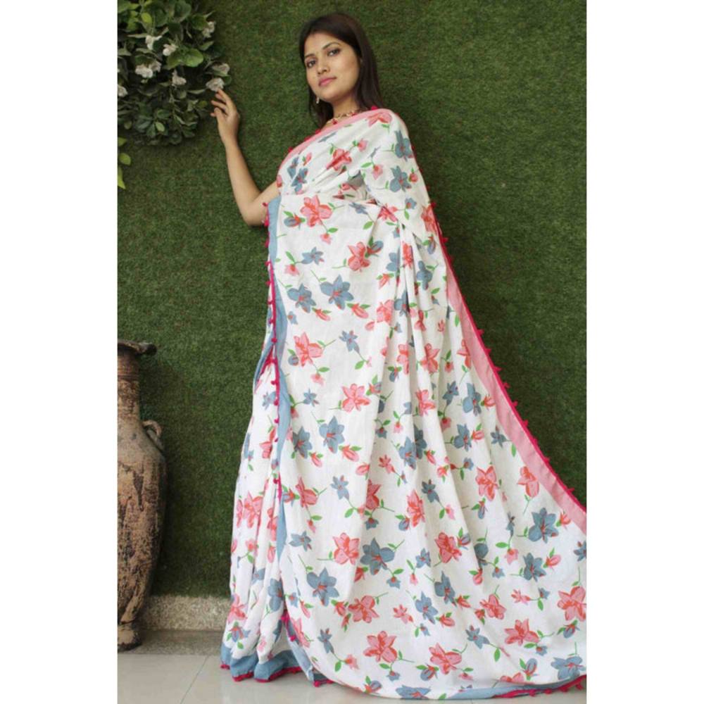 Isadora Life Womens Floral Printed White Pre-Draped Saree with Unstitched Blouse