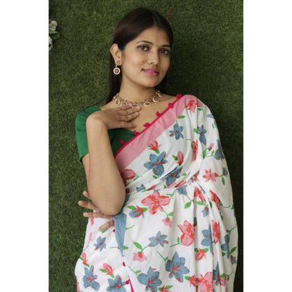 Isadora Life Womens Floral Printed White Pre-Draped Saree with Unstitched Blouse