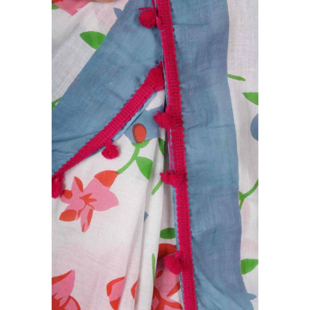 Isadora Life Womens Floral Printed White Pre-Draped Saree with Unstitched Blouse
