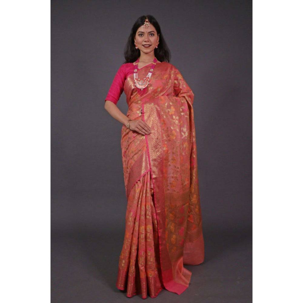Isadora Life Womens Woven Zari Peach Pre-Draped Saree with Unstitched Blouse