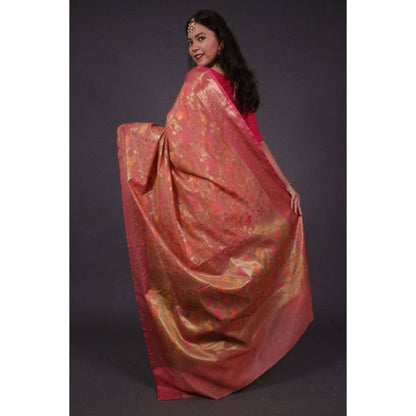 Isadora Life Womens Woven Zari Peach Pre-Draped Saree with Unstitched Blouse