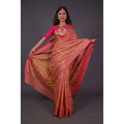 Isadora Life Womens Woven Zari Peach Pre-Draped Saree with Unstitched Blouse
