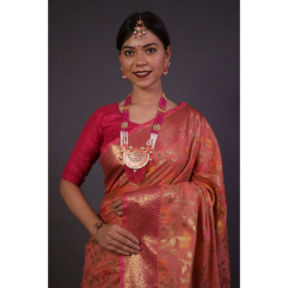 Isadora Life Womens Woven Zari Peach Pre-Draped Saree with Unstitched Blouse