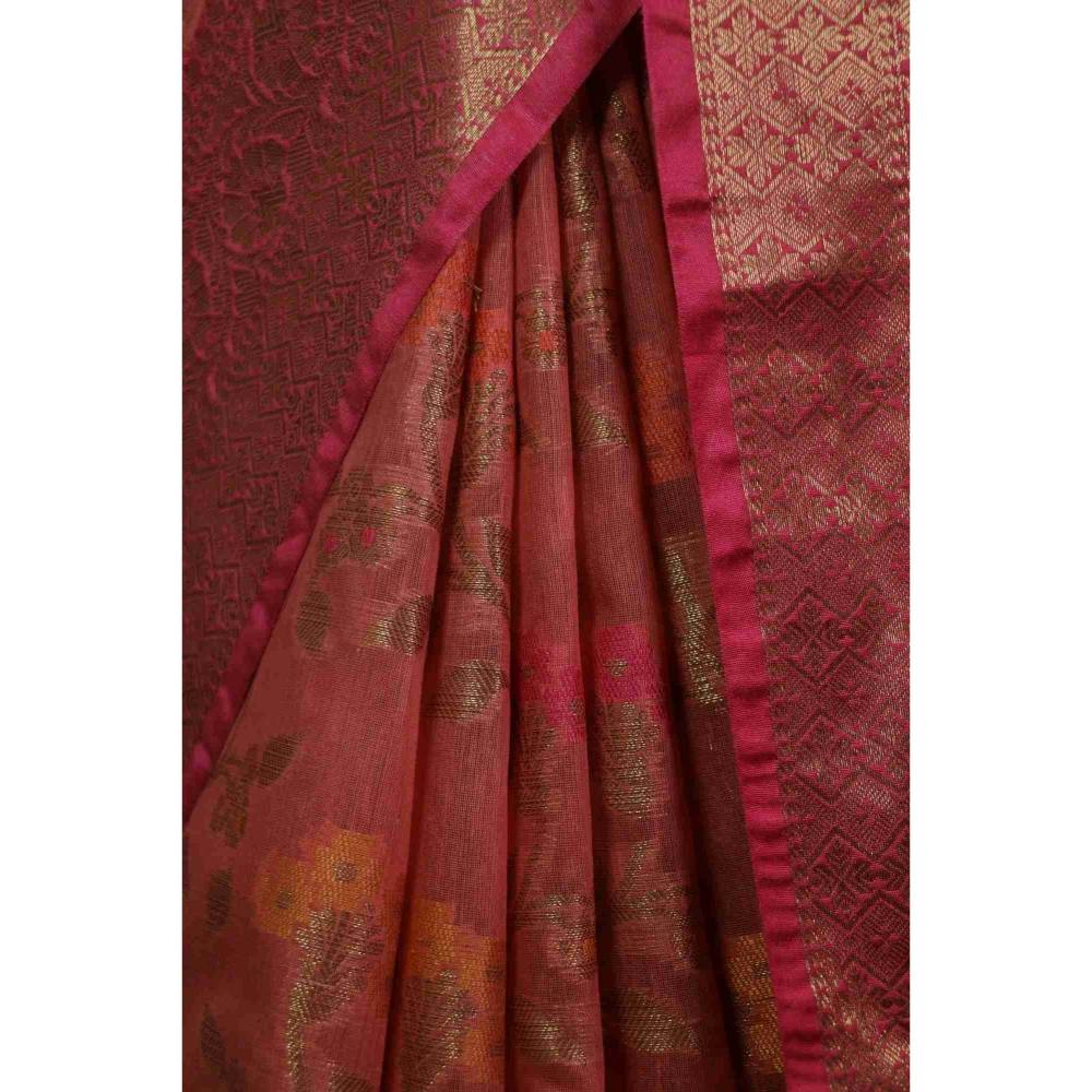 Isadora Life Womens Woven Zari Peach Pre-Draped Saree with Unstitched Blouse