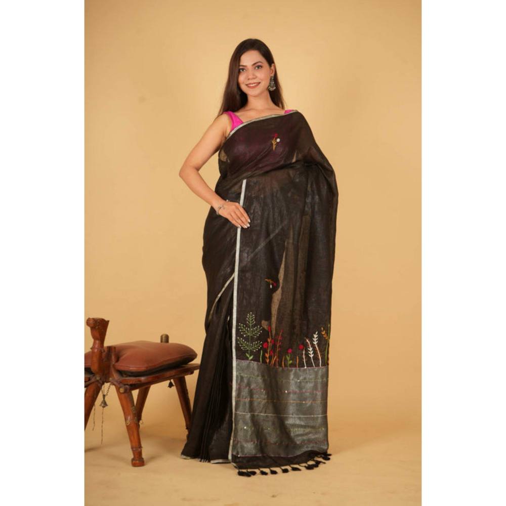 Isadora Life Womens Embroidered Tassels Black Pre-Draped Saree with Unstitched Blouse