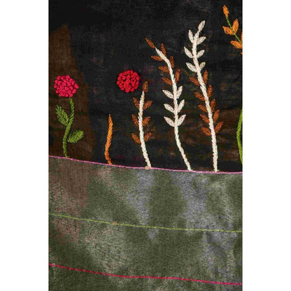 Isadora Life Womens Embroidered Tassels Black Pre-Draped Saree with Unstitched Blouse
