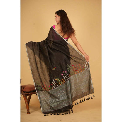 Isadora Life Womens Embroidered Tassels Black Pre-Draped Saree with Unstitched Blouse