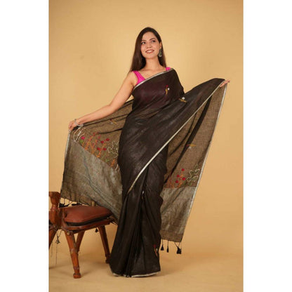 Isadora Life Womens Embroidered Tassels Black Pre-Draped Saree with Unstitched Blouse