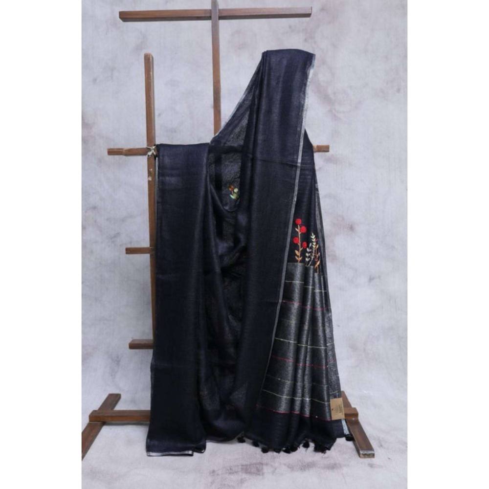 Isadora Life Womens Embroidered Tassels Black Pre-Draped Saree with Unstitched Blouse