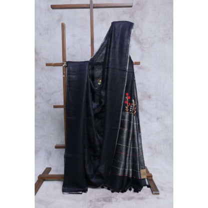 Isadora Life Womens Embroidered Tassels Black Pre-Draped Saree with Unstitched Blouse