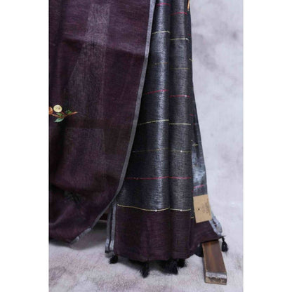 Isadora Life Womens Embroidered Tassels Black Pre-Draped Saree with Unstitched Blouse