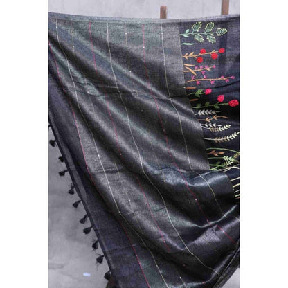 Isadora Life Womens Embroidered Tassels Black Pre-Draped Saree with Unstitched Blouse