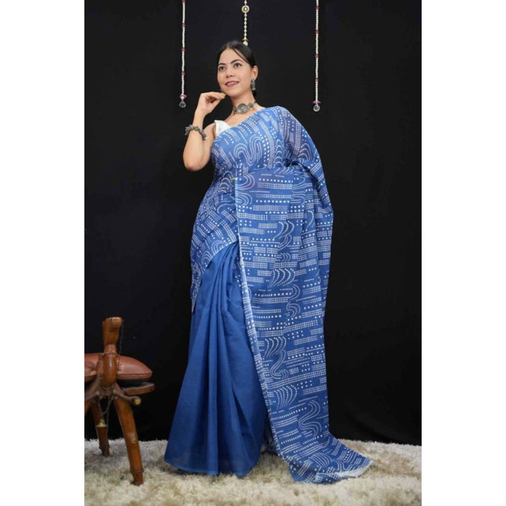 Isadora Life Womens Printed Blue Pre-Draped Saree with Unstitched Blouse