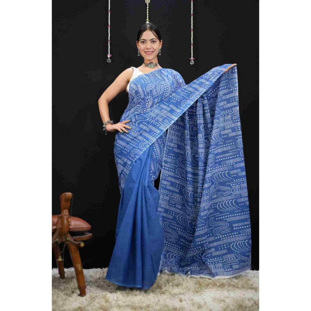 Isadora Life Womens Printed Blue Pre-Draped Saree with Unstitched Blouse