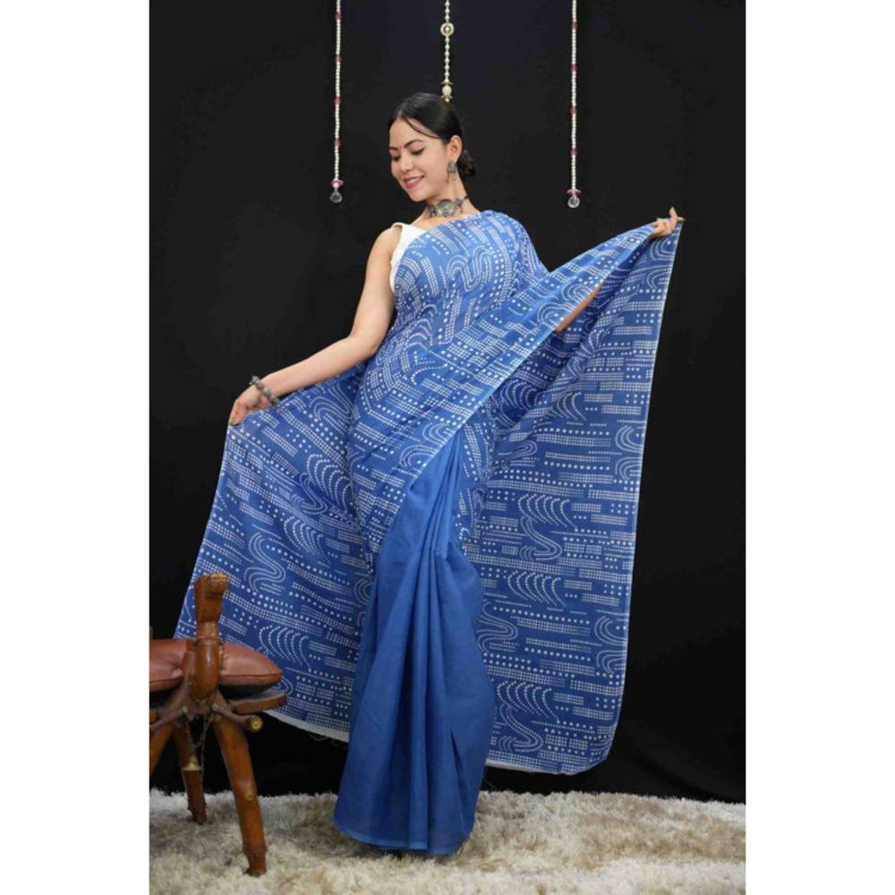 Isadora Life Womens Printed Blue Pre-Draped Saree with Unstitched Blouse