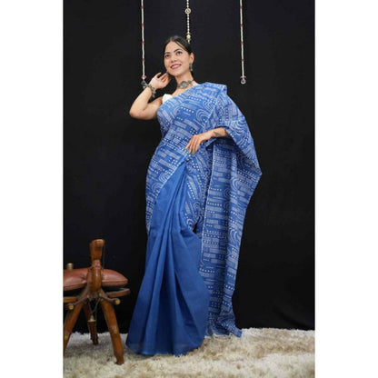 Isadora Life Womens Printed Blue Pre-Draped Saree with Unstitched Blouse