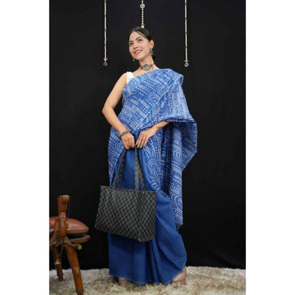 Isadora Life Womens Printed Blue Pre-Draped Saree with Unstitched Blouse