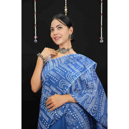 Isadora Life Womens Printed Blue Pre-Draped Saree with Unstitched Blouse