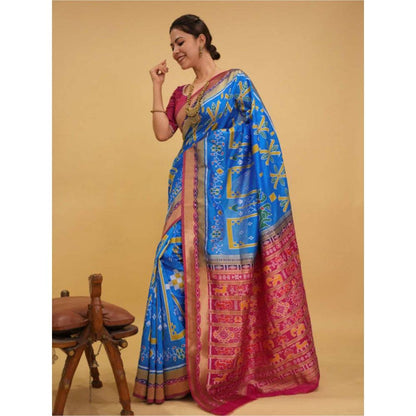 Isadora Life Womens Printed Blue Pre-Draped Saree with Unstitched Blouse