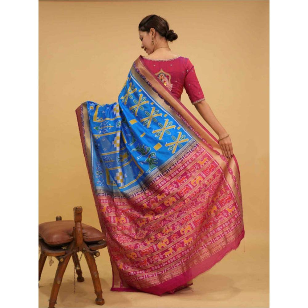 Isadora Life Womens Printed Blue Pre-Draped Saree with Unstitched Blouse