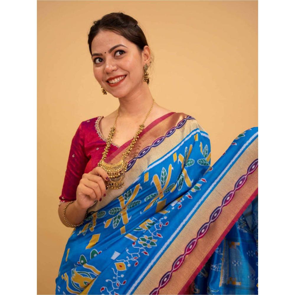 Isadora Life Womens Printed Blue Pre-Draped Saree with Unstitched Blouse
