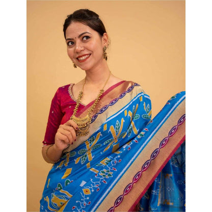 Isadora Life Womens Printed Blue Pre-Draped Saree with Unstitched Blouse