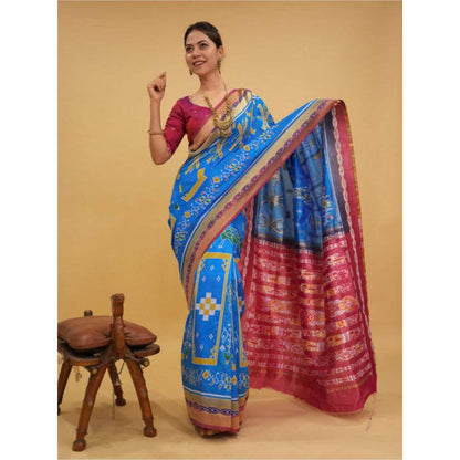 Isadora Life Womens Printed Blue Pre-Draped Saree with Unstitched Blouse