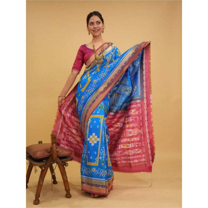 Isadora Life Womens Printed Blue Pre-Draped Saree with Unstitched Blouse