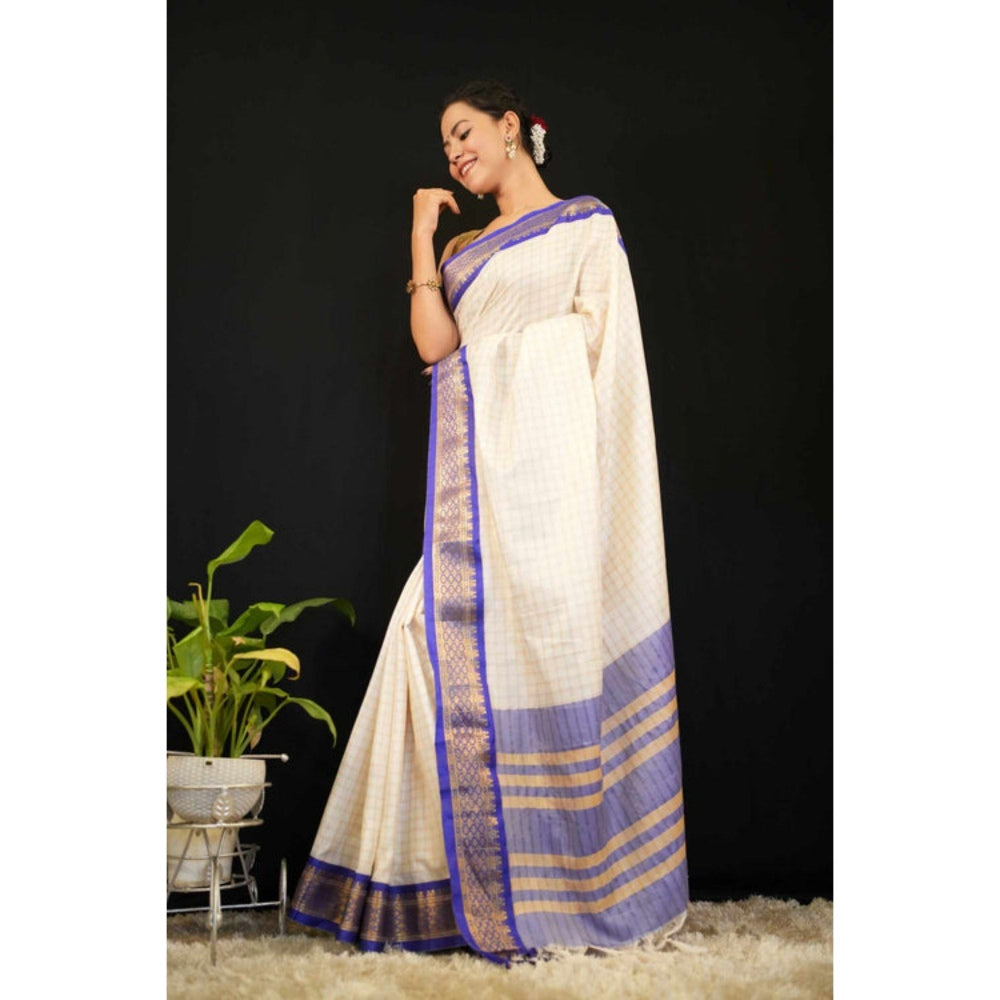 Isadora Life Womens Checks Tassels Cream Pre-Draped Saree with Unstitched Blouse