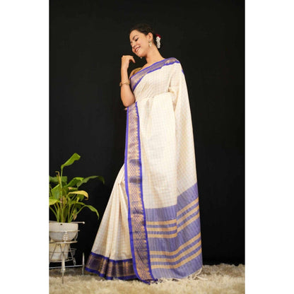 Isadora Life Womens Checks Tassels Cream Pre-Draped Saree with Unstitched Blouse