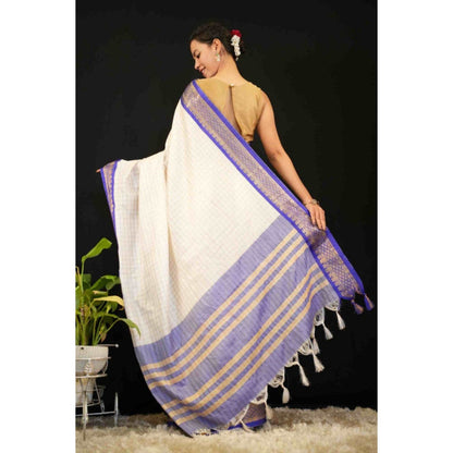 Isadora Life Womens Checks Tassels Cream Pre-Draped Saree with Unstitched Blouse