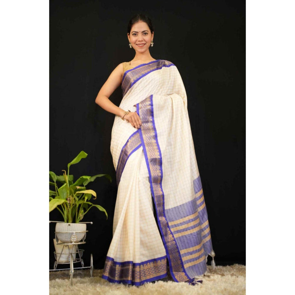 Isadora Life Womens Checks Tassels Cream Pre-Draped Saree with Unstitched Blouse