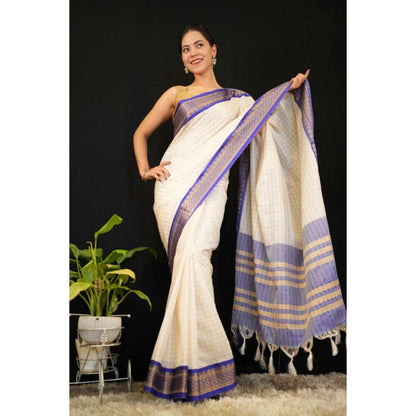 Isadora Life Womens Checks Tassels Cream Pre-Draped Saree with Unstitched Blouse