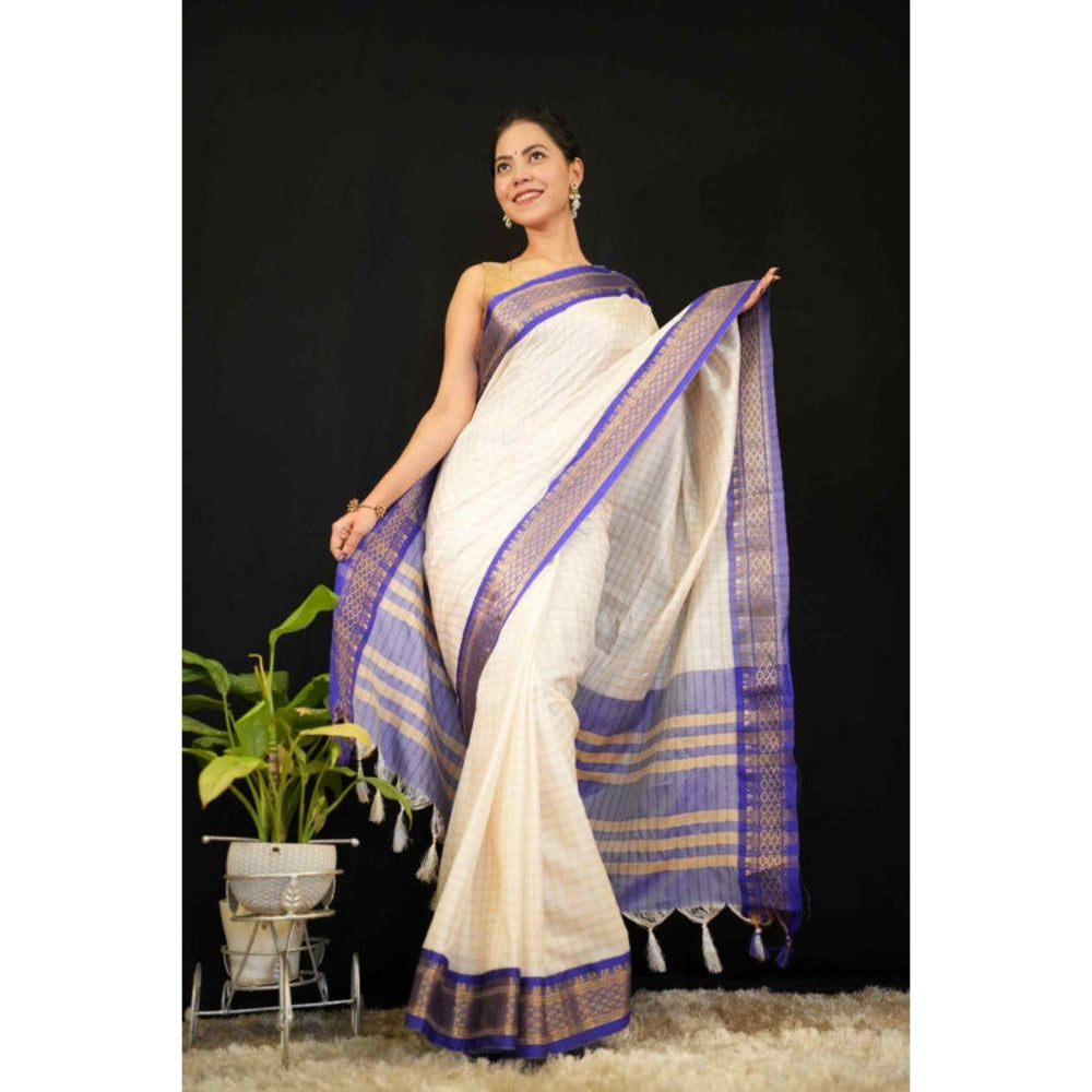 Isadora Life Womens Checks Tassels Cream Pre-Draped Saree with Unstitched Blouse