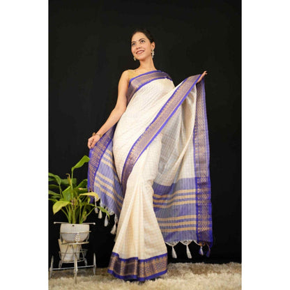 Isadora Life Womens Checks Tassels Cream Pre-Draped Saree with Unstitched Blouse