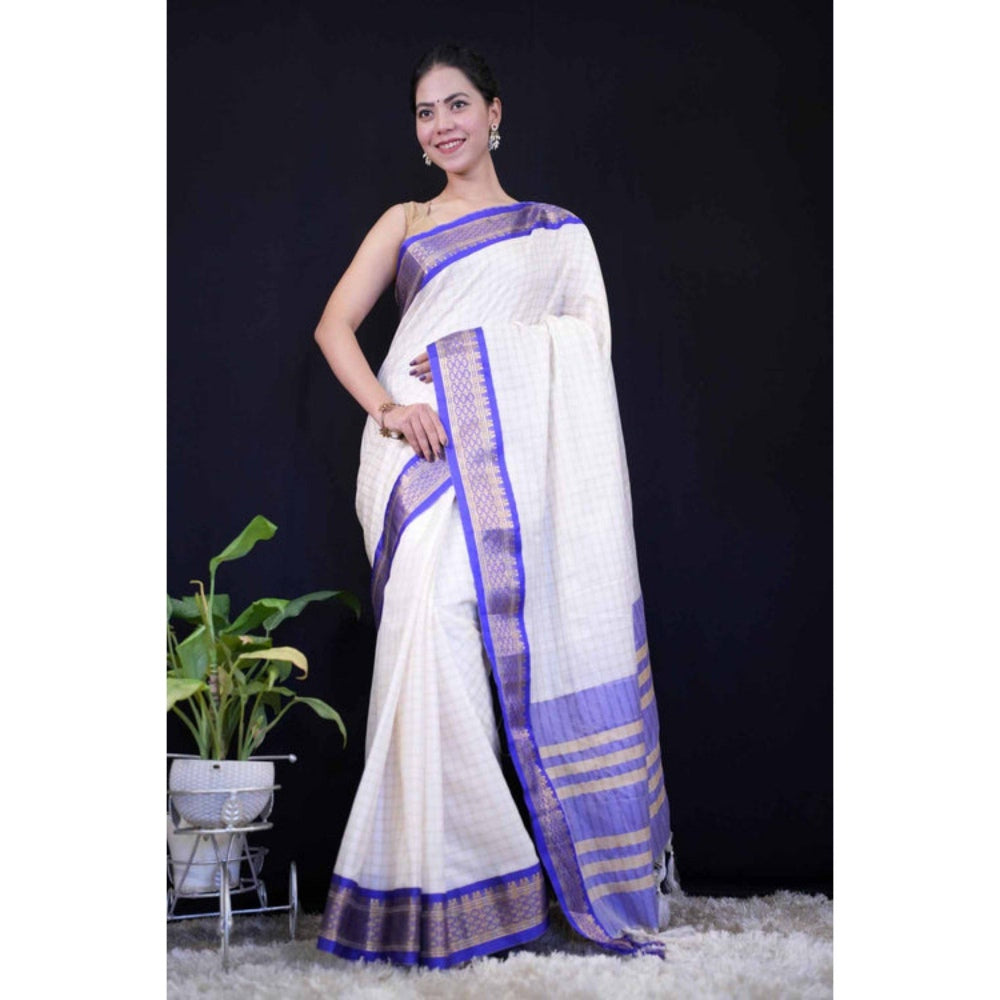Isadora Life Womens Checks Tassels Cream Pre-Draped Saree with Unstitched Blouse