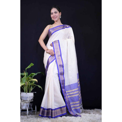 Isadora Life Womens Checks Tassels Cream Pre-Draped Saree with Unstitched Blouse
