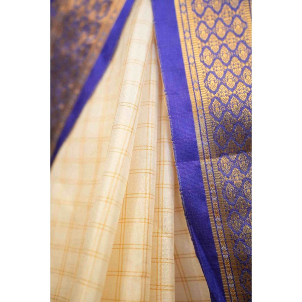 Isadora Life Womens Checks Tassels Cream Pre-Draped Saree with Unstitched Blouse
