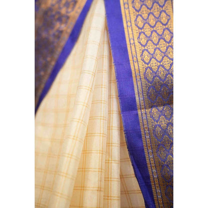 Isadora Life Womens Checks Tassels Cream Pre-Draped Saree with Unstitched Blouse