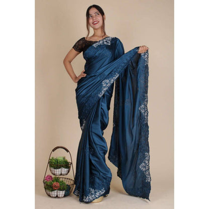 Isadora Life Womens Sequined Embroidered Blue Pre-Draped Saree with Unstitched Blouse