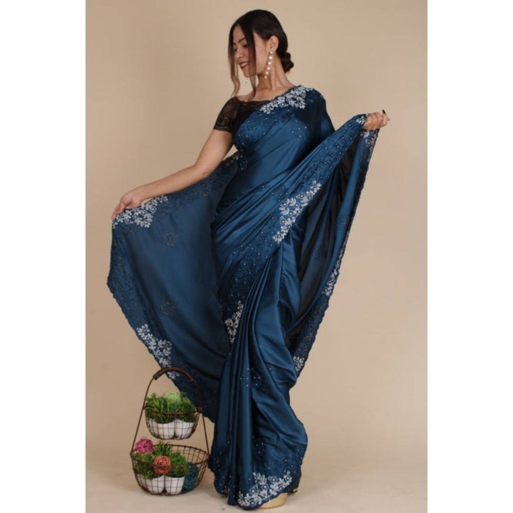 Isadora Life Womens Sequined Embroidered Blue Pre-Draped Saree with Unstitched Blouse