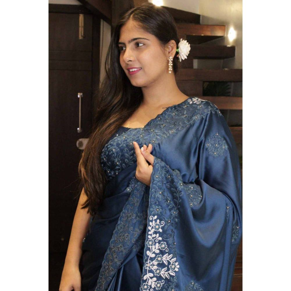 Isadora Life Womens Sequined Embroidered Blue Pre-Draped Saree with Unstitched Blouse