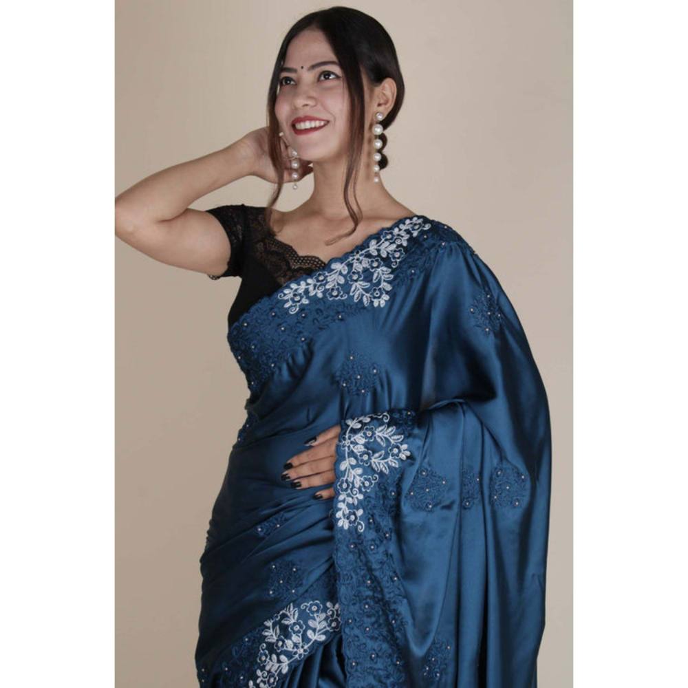 Isadora Life Womens Sequined Embroidered Blue Pre-Draped Saree with Unstitched Blouse