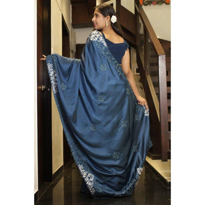 Isadora Life Womens Sequined Embroidered Blue Pre-Draped Saree with Unstitched Blouse