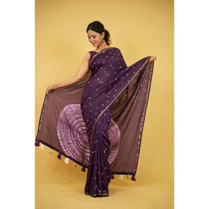 Isadora Life Womens Printed Tassels Purple Pre-Draped Saree with Unstitched Blouse