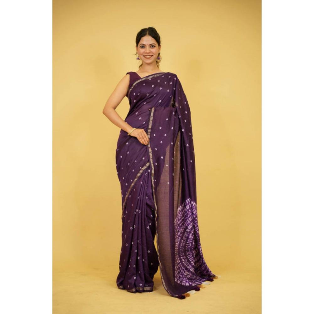 Isadora Life Womens Printed Tassels Purple Pre-Draped Saree with Unstitched Blouse