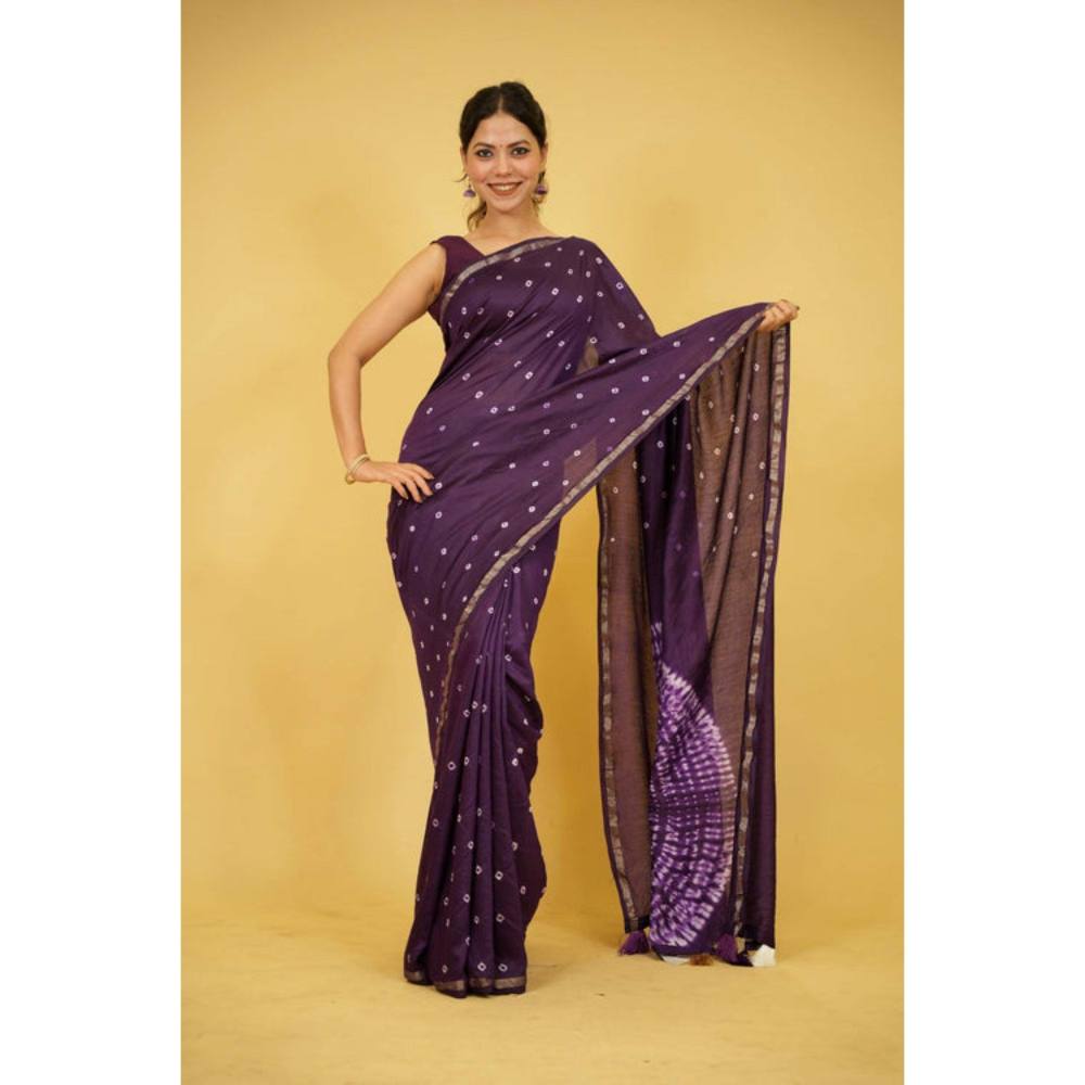 Isadora Life Womens Printed Tassels Purple Pre-Draped Saree with Unstitched Blouse