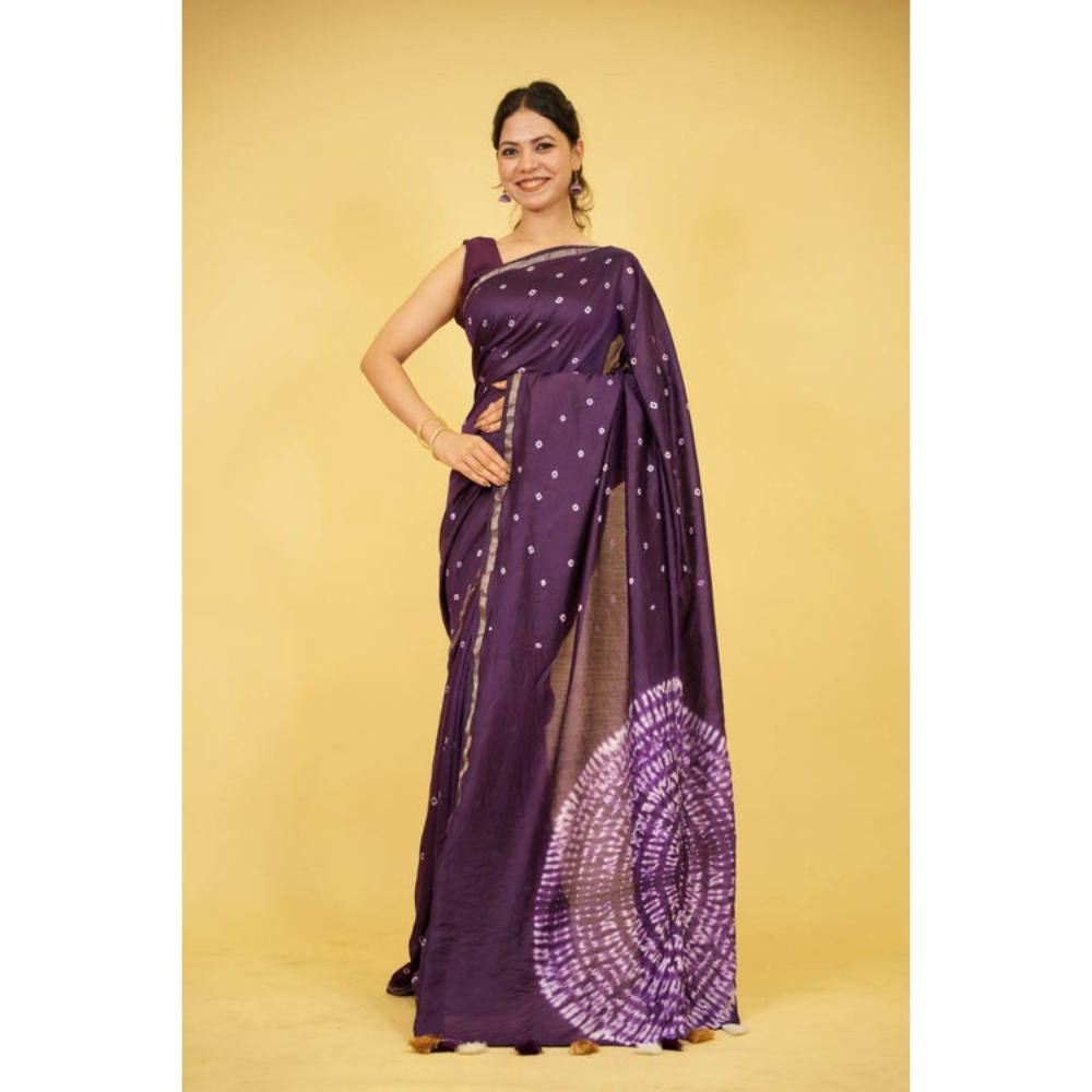 Isadora Life Womens Printed Tassels Purple Pre-Draped Saree with Unstitched Blouse