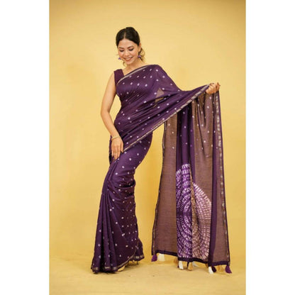 Isadora Life Womens Printed Tassels Purple Pre-Draped Saree with Unstitched Blouse