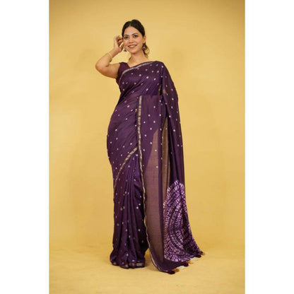 Isadora Life Womens Printed Tassels Purple Pre-Draped Saree with Unstitched Blouse